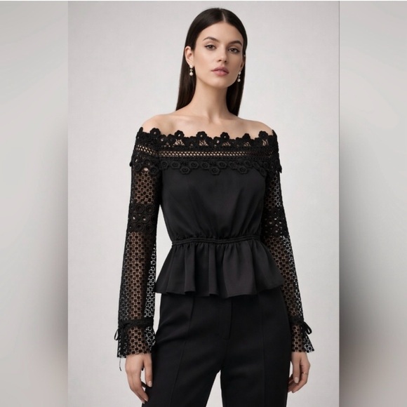 Self-Portrait Tops - Self-Portrait Black Off-Shoulder Lace Peplum Blouse